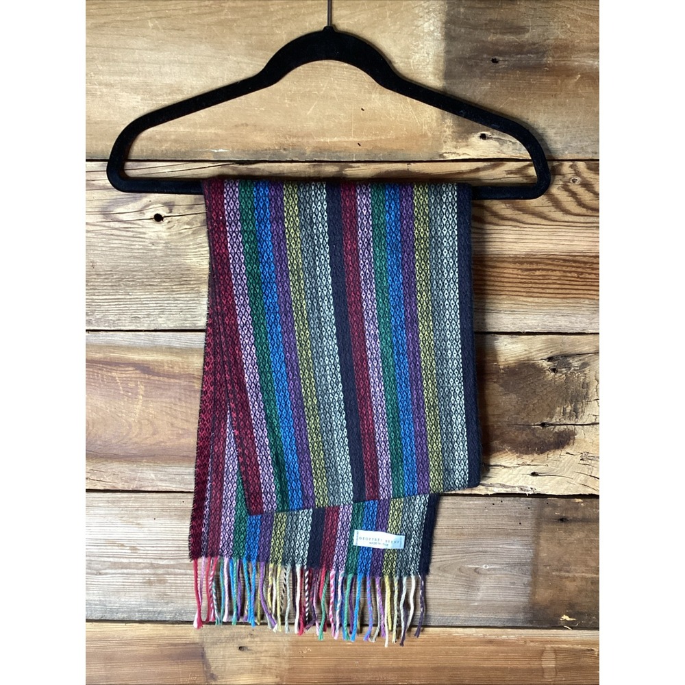Geoffrey Beene Acrylic Scarf Rainbow Striped Knit Fringe Stripe Italy 10.5"x64"